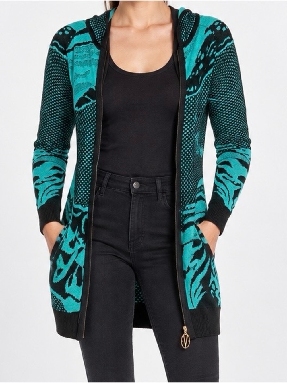 Vertigo Full Zip Knit Cardigan Sweater Turquoise/Black Womens Size S
